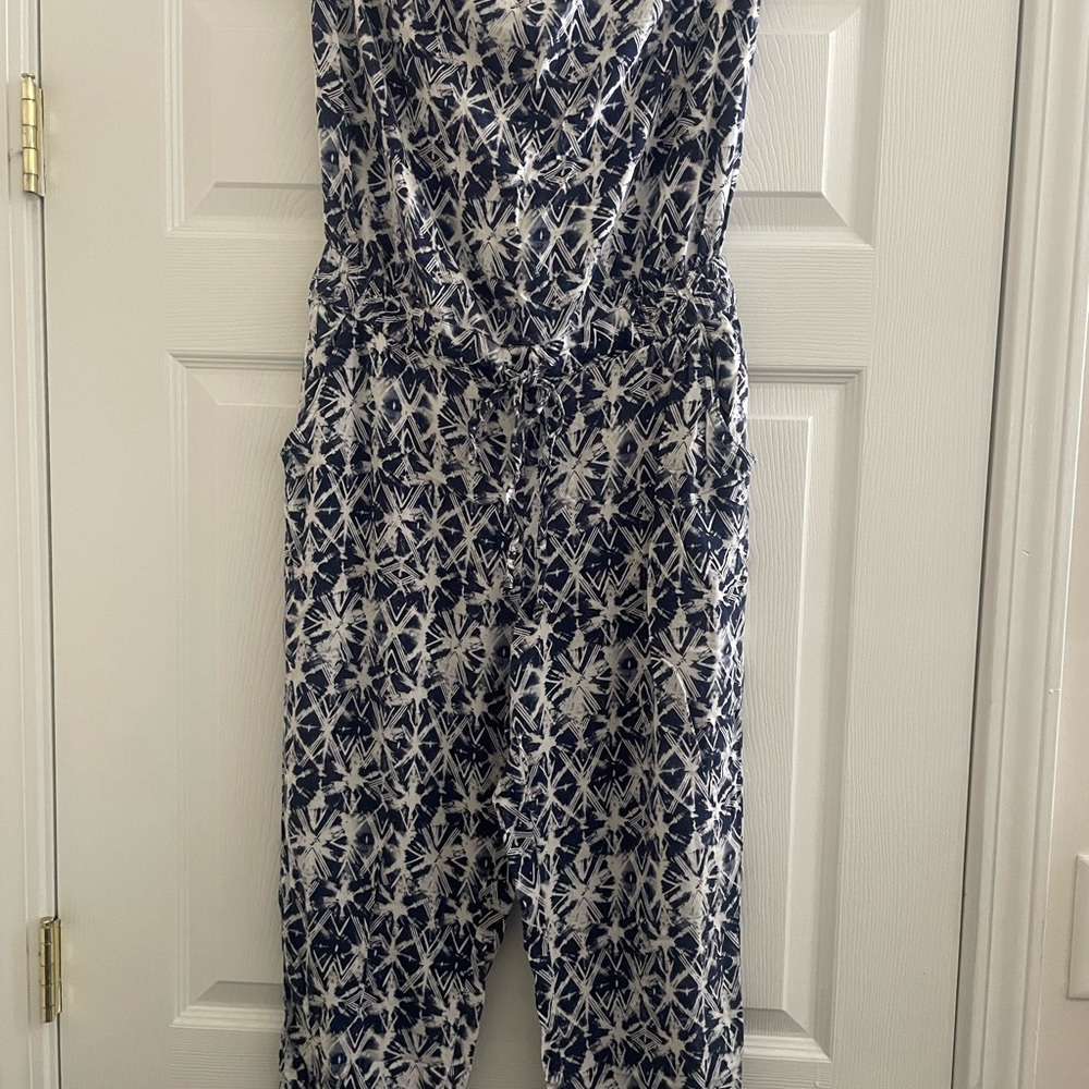 Navy Tie-dye Abstract Pattern Capri Jumpsuit Swim Cover-up